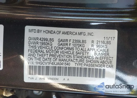 2018 Honda Accord Ex из США, поврежденный, VIN 1HGCV1F4XJA041540